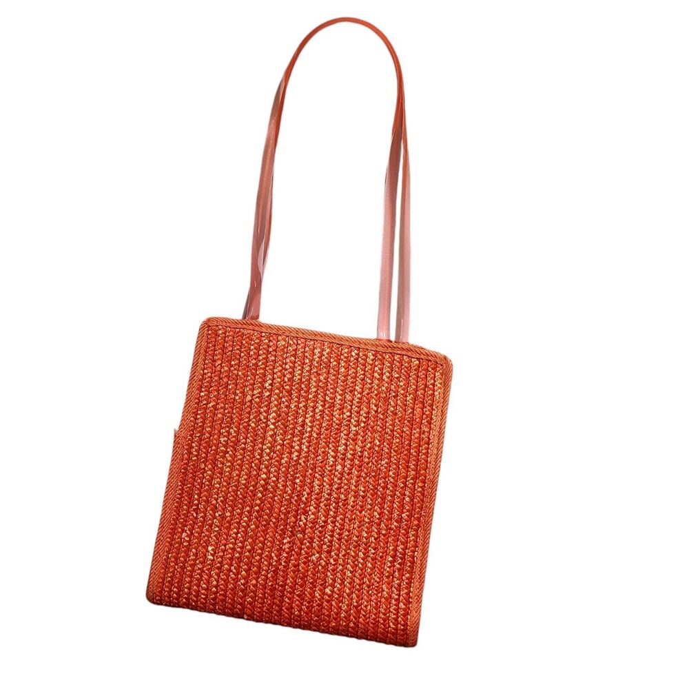 Womens Orange Straw Shoulder Bag Jelly Handles Lined Snap Close Zipper READ